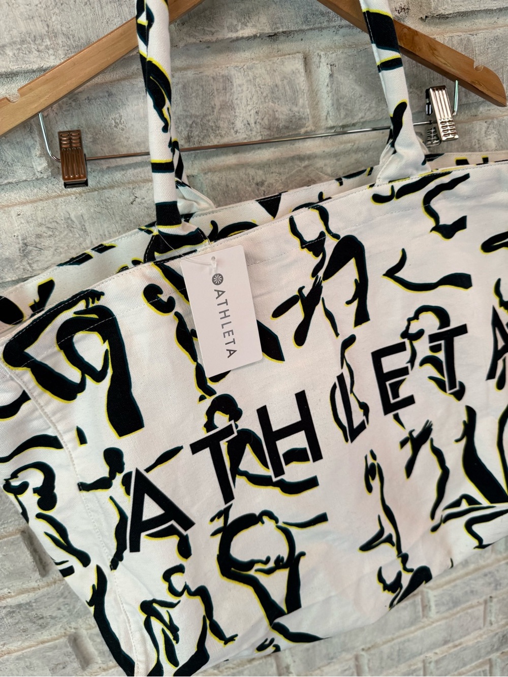 Nwt Athleta White Canvas Tote with Black Figurative Print and Yellow Accents